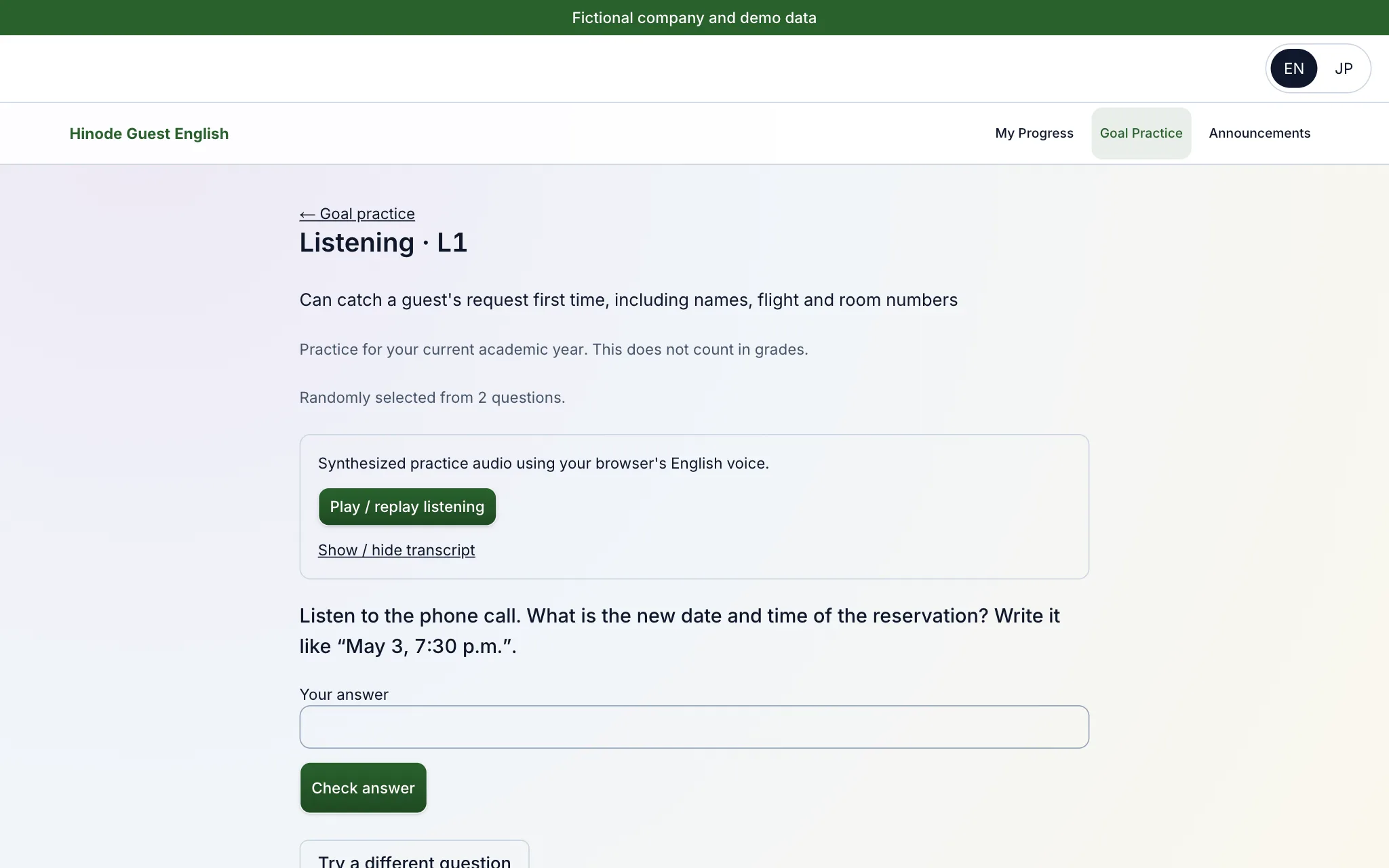 Listening: catching names and numbers first time — demo screen from the fictional Hinode Group