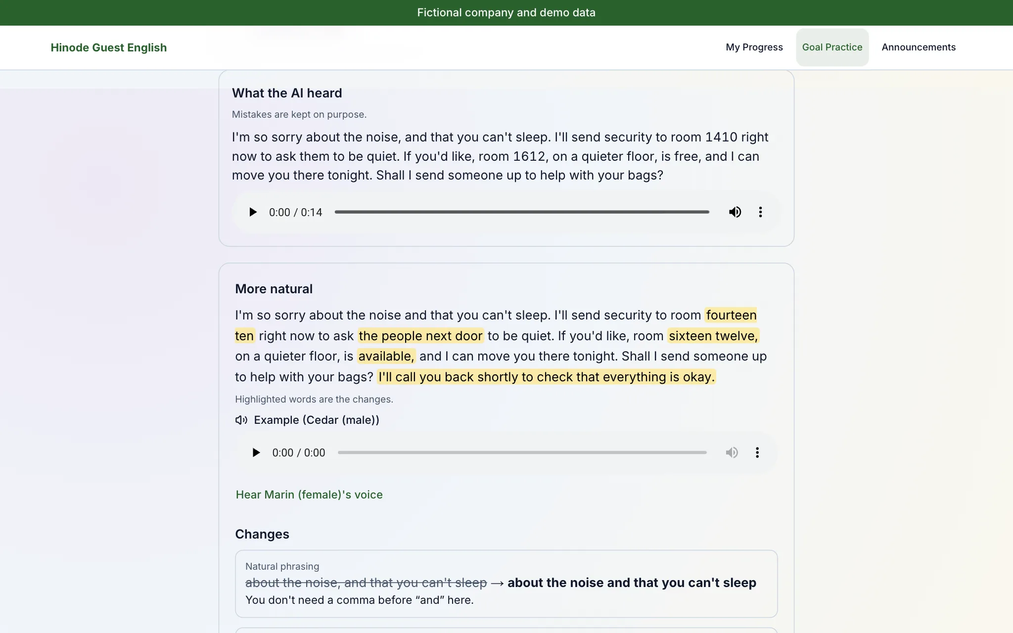 Speaking: what the AI heard, and more natural English — demo screen from the fictional Hinode Group